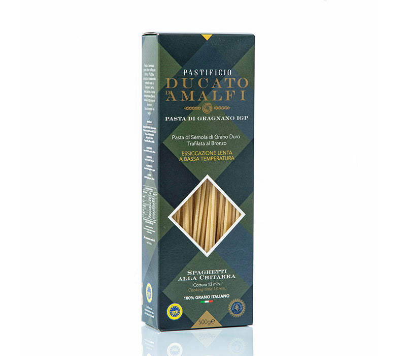Pasta box from Pastificio Ducato di Amalfi on a white background