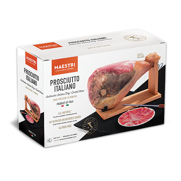 Maestri PROSCIUTTO ITALIANO Authentic Italian Dry-Cured Ham, BONE-IN W STAND/KNIFE