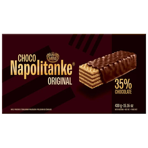 A package of Krug Choco Napolitanke Original chocolate wafer cookies, featuring a dark maroon background with gold lettering and a 35% chocolate wafer bar illustration.