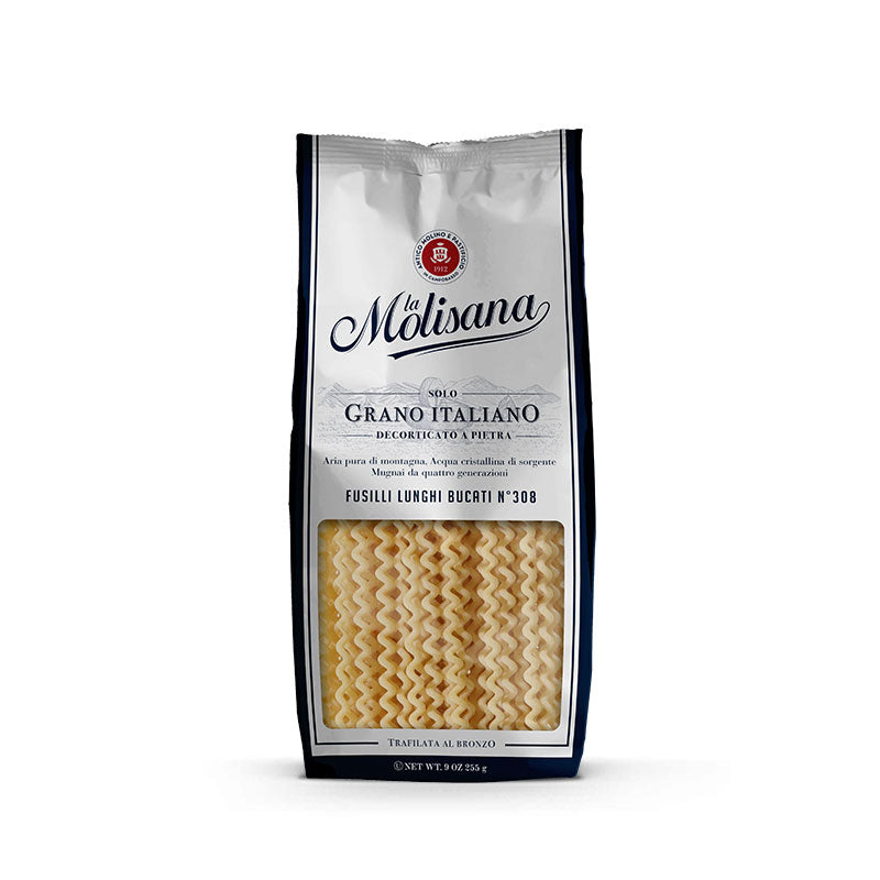 Packaging of La Molisana Fusilli Lunghi Bucati Pasta, displaying the product name and image of the pasta shapes.