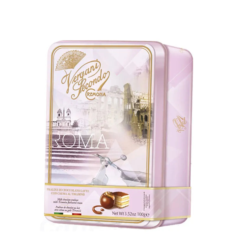 Vergani Roma Tin, Milk Chocolate Pralines w/ Tiramisu Cream,  3.52 oz | 100g