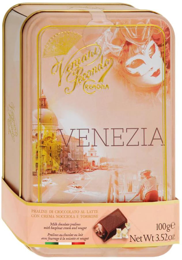 Vergani Venezia Tin, Milk Chocolate Pralines w/ Hazelnut & Nougat Cream,  3.52 oz | 100g