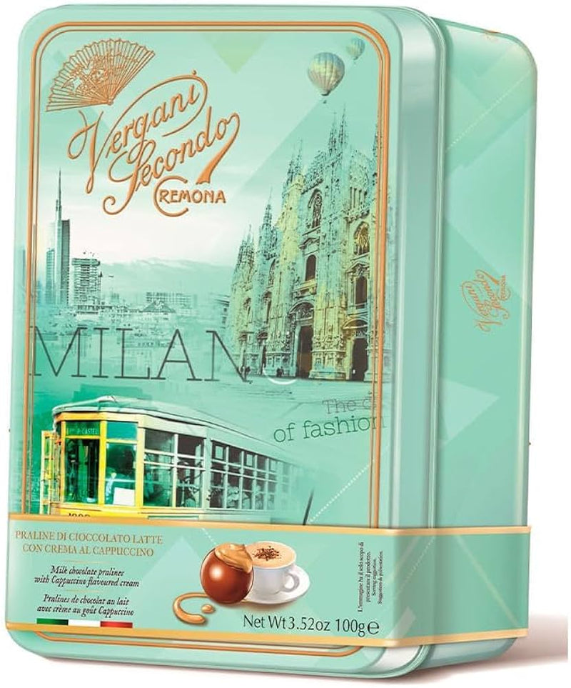 Vergani Milan Tin, Milk Chocolate Pralines w/ Cappuccino Cream,  3.52 oz | 100g