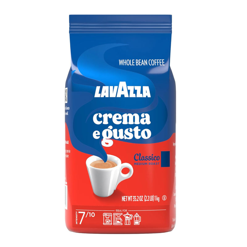 A package of LavAzza Crema E Gusto Classic whole bean coffee, medium roast, with a graphic of a cup of coffee on the front.