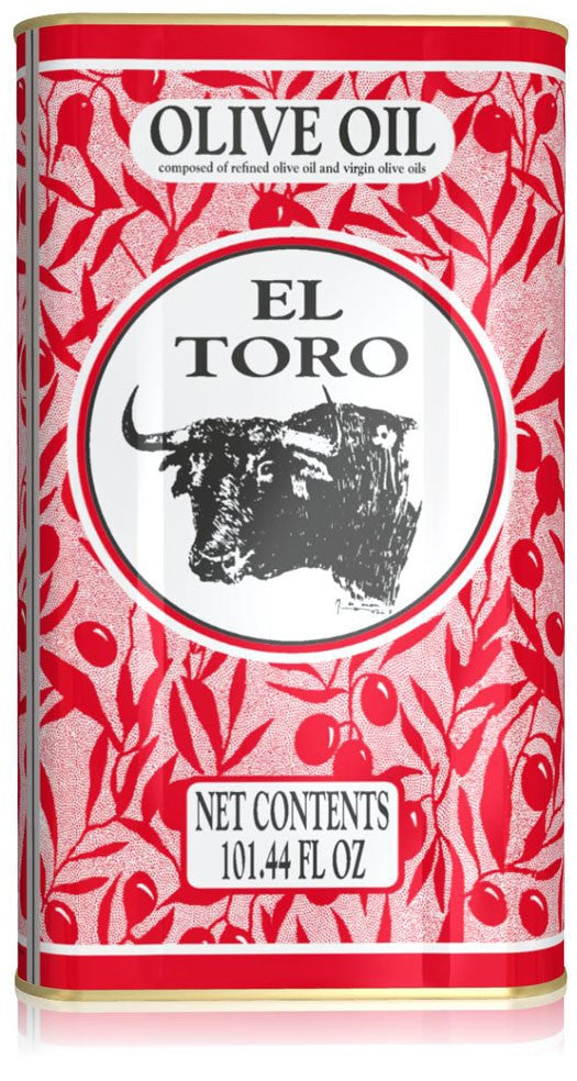 A can of El Toro Pure Olive Oil with a graphic of a bull and text indicating the product is olive oil with a net content of 101.44 fl oz.