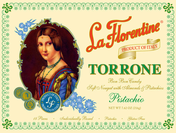 La Florentine Pistachio Torrone, Soft Nougat with Almonds & Pistachios, 7.62 oz, 18 pieces