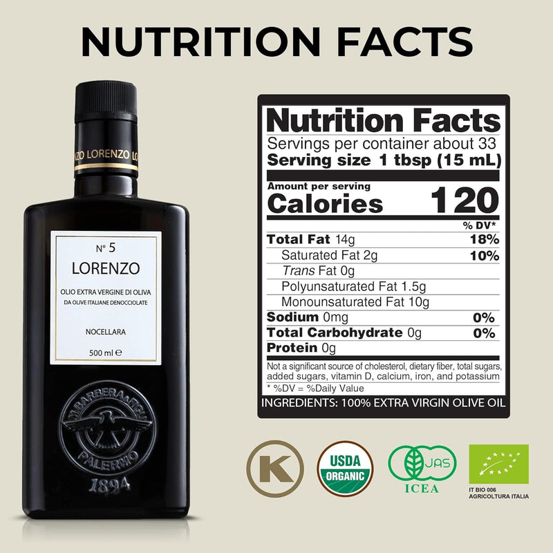 Lorenzo N. 5 Extra Virgin Olive Oil, Nocellara Del Belice, 16.9 fl oz | 500ml