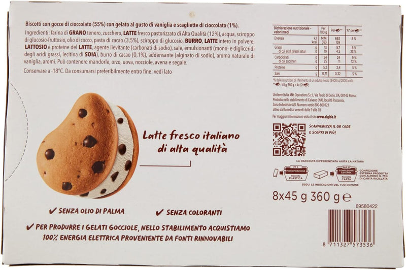 Algida Gocciole Sandwich, Vanilla Ice Cream with Chocolate Chips between Two Chocolate Chip Biscuits, Fresh Italian Milk, Palm Oil and Colorant Free, 4 x 154 ml (Frozen)