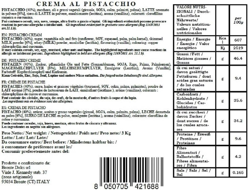 Brontedolci Cream di Pistacchio, 40% Pistachio Cream Elite, 3kg Tub