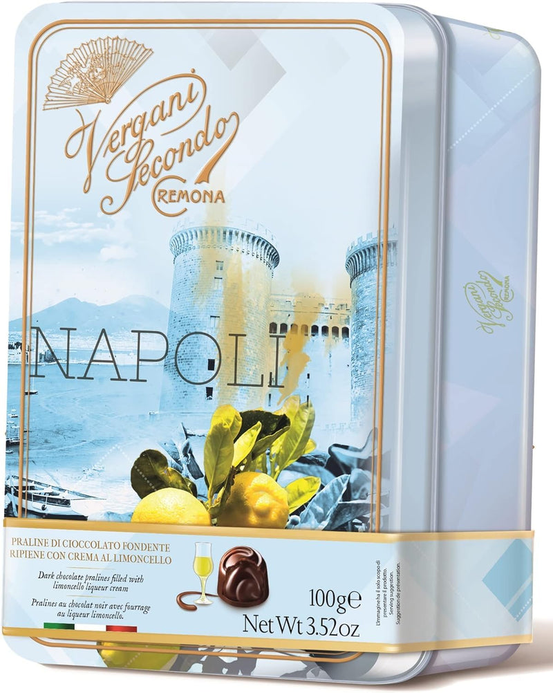Vergani Napoli Tin, Dark Chocolate Pralines w/ Limoncello Cream,  3.52 oz | 100g