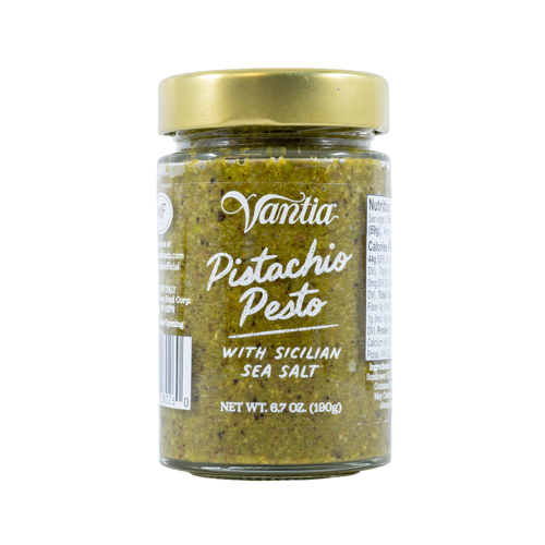Jar of Vantia Pistachio Pesto with Sicilian Sea Salt on a white background