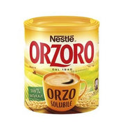 A canister of Nestlé Orzoro Orzo Solubile coffee creamer, featuring a golden-yellow label with red lettering and an illustration of a cup of coffee, set against a plain white background.