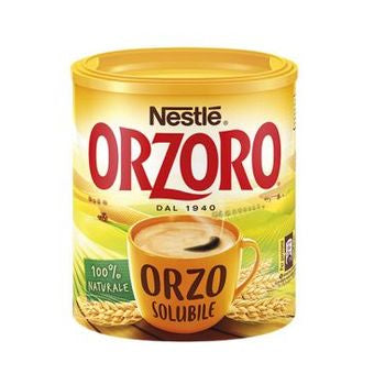 A canister of Nestlé Orzoro Orzo Solubile coffee creamer, featuring a golden-yellow label with red lettering and an illustration of a cup of coffee, set against a plain white background.
