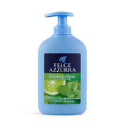 A 300ml bottle of Felce Azzurra antibacterial hand wash with a blue pump dispenser, featuring a mint and lime graphic label on a white background.