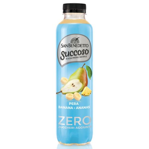 A bottle of San Benedetto Succoso pear, banana, and banana-ananas zero sugar juice with a light blue label, black cap, and fruit illustrations on a white background.