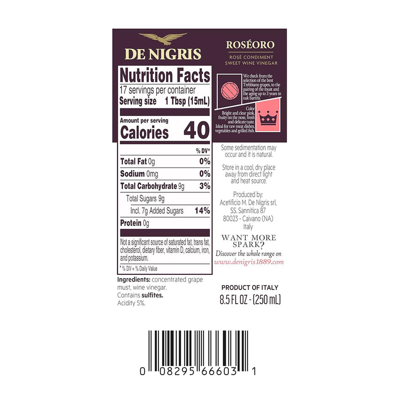 De Nigris Roseoro Sweet Wine Vinegar, 8.5 FL OZ | 250 mL