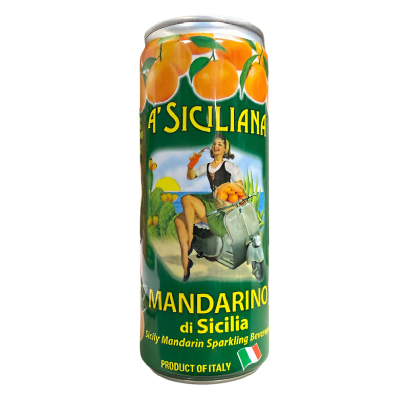 A can of A'Siciliana Mandarino di Sicilia sparkling drink with a green label featuring a woman on a scooter and oranges.