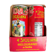 Two cans of A' Siciliana Melograno di Sicilia pomegranate sparkling beverage in a box.
