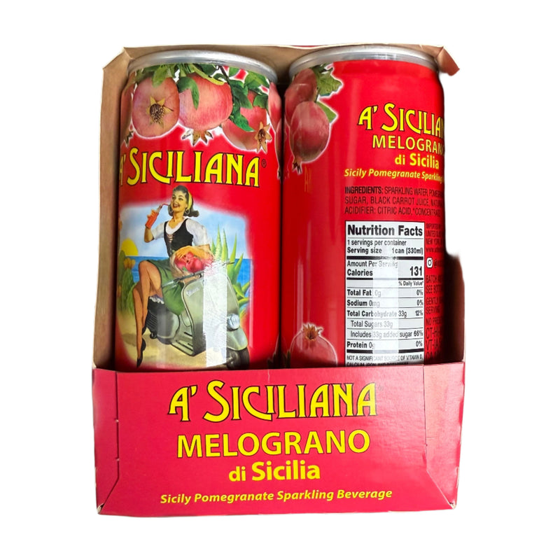 Two cans of A' Siciliana Melograno di Sicilia pomegranate sparkling beverage in a box.