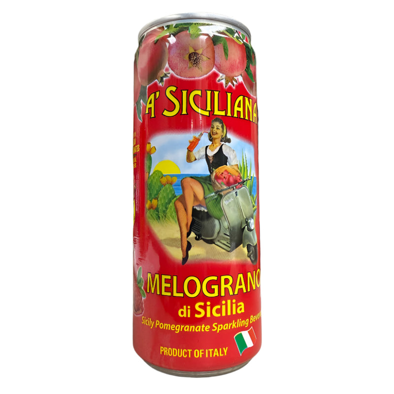 Can of 'A Siciliana' Melograno di Sicilia pomegranate sparkling beer on a kitchen counter.