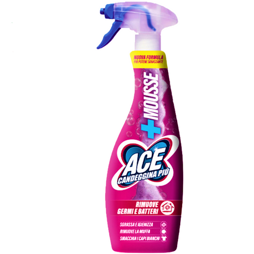 Pink spray bottle with blue nozzle labeled 'ACE' on a white background
