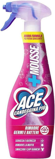 Pink spray bottle with blue nozzle labeled 'ACE' on a white background