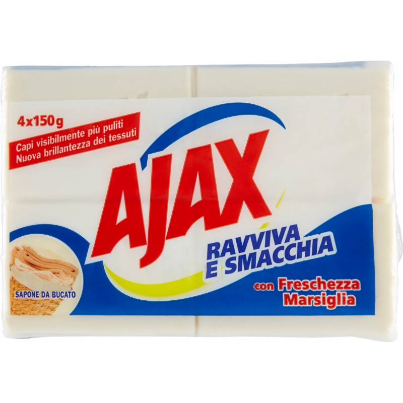 Ajax Laundry Soap Bar For Hand Washing Clothes, Marsiglia Scent, 4 x 150g