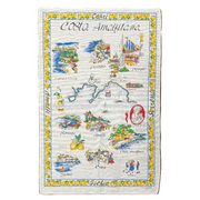 Tea towel with a colorful map of the Amalfi Coast, featuring various towns and landmarks.