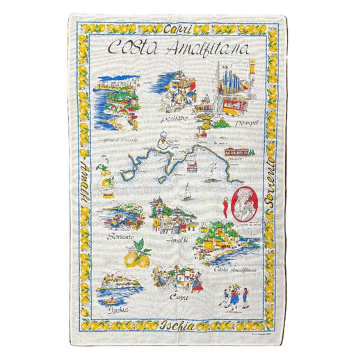 Tea towel with a colorful map of the Amalfi Coast, featuring various towns and landmarks.