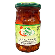 Jar of sliced chilies with Attina & Forti label on a desk