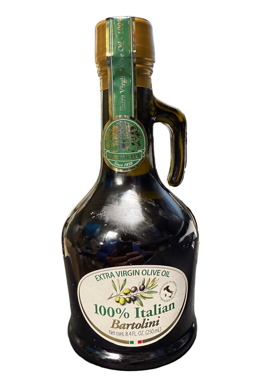 Bottle of Bartolini extra virgin olive oil on a desk with office equipment in the background