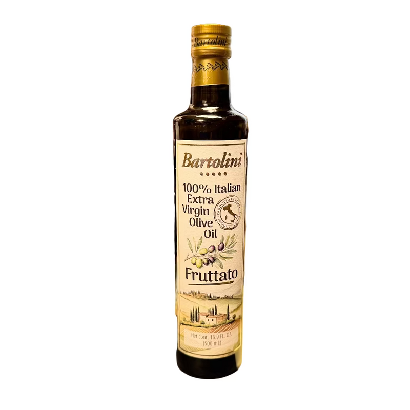Bottle of Bartolini Fruttato 100% Italian Extra Virgin Olive Oil on a white background