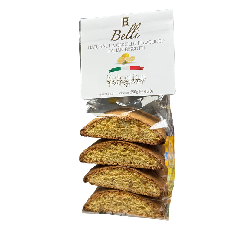 Packaged biscotti with Bellé branding in a store setting