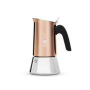 Bialetti Venus coffee maker with a bronze upper chamber and stainless steel lower body, featuring a black handle and knob.
