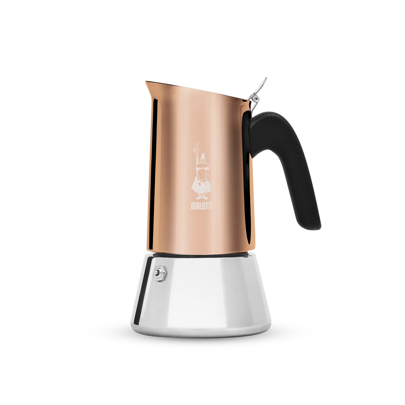 Bialetti Venus coffee maker with a bronze upper chamber and stainless steel lower body, featuring a black handle and knob.