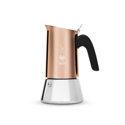 Bialetti Venus coffee maker with a bronze upper chamber and stainless steel lower body, featuring a black handle and knob.