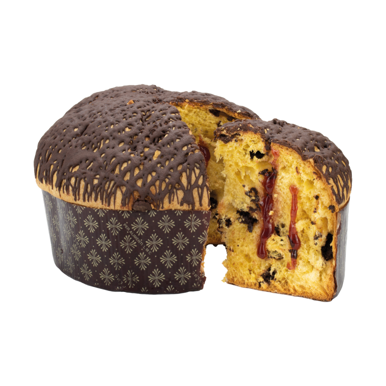 Panettone with a slice cut out on a white background