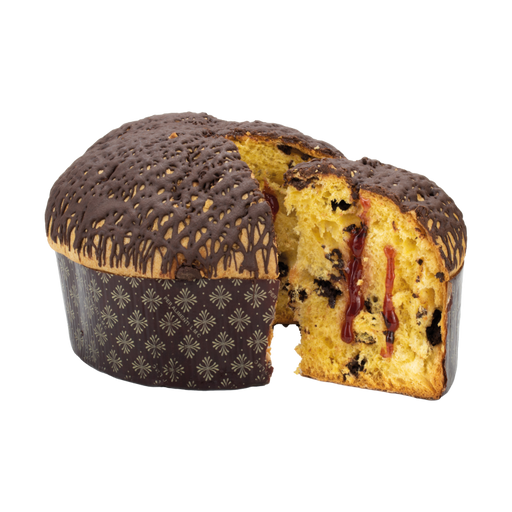 Panettone with a slice cut out on a white background