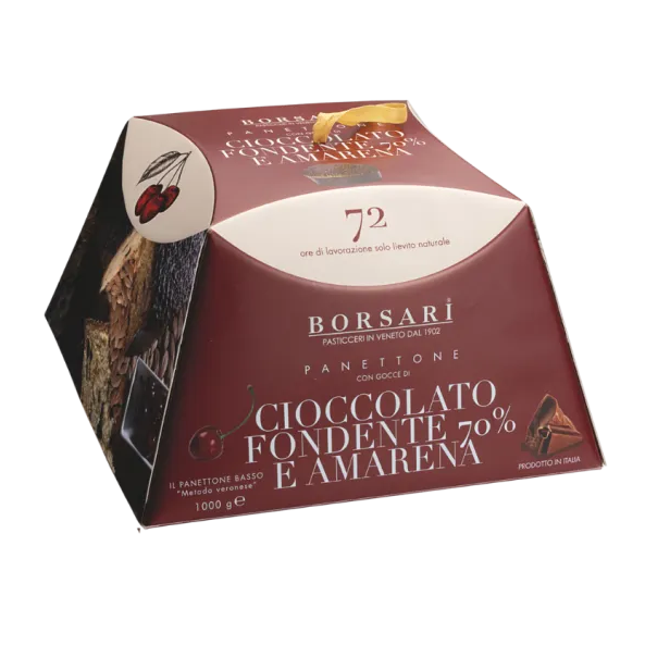 Borsari Panettone packaging with chocolate and amaretto flavor on a white background