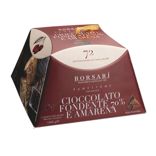 Borsari Panettone packaging with chocolate and amaretto flavor on a white background