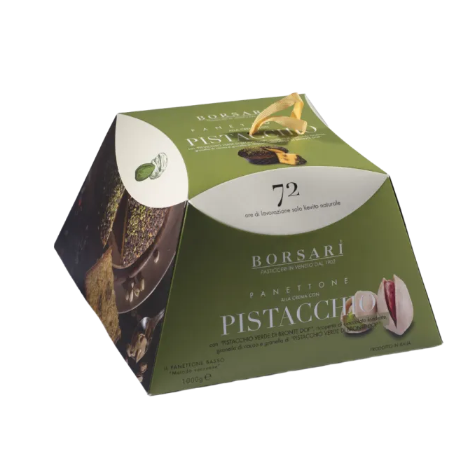 Green box of Borsari Panettone Pistacchio on a white background