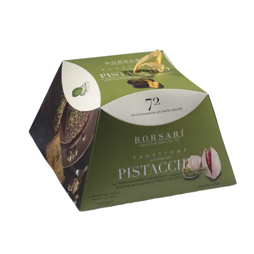 Green box of Borsari Panettone Pistacchio on a white background