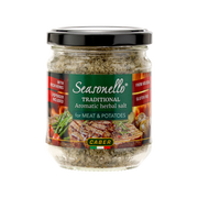 Jar of Seasonello traditional aromatic herbal salt on a white background