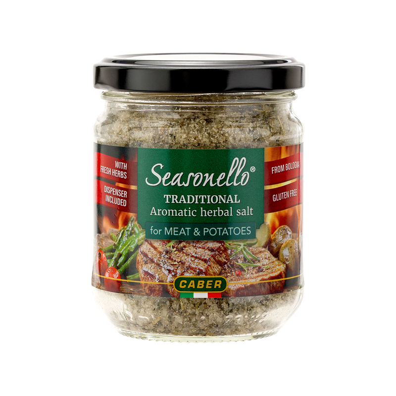 Jar of Seasonello traditional aromatic herbal salt on a white background