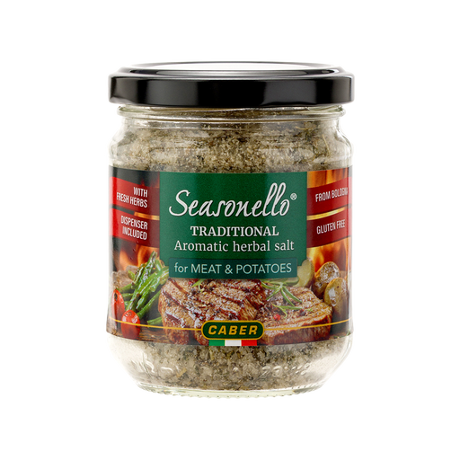 Jar of Seasonello traditional aromatic herbal salt on a white background