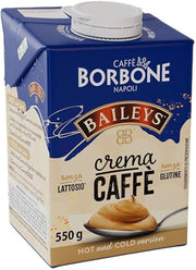 A 550g carton of Bailey's Caffe Borbone Napoli cream coffee, featuring its signature blue and beige packaging with a white cap.
