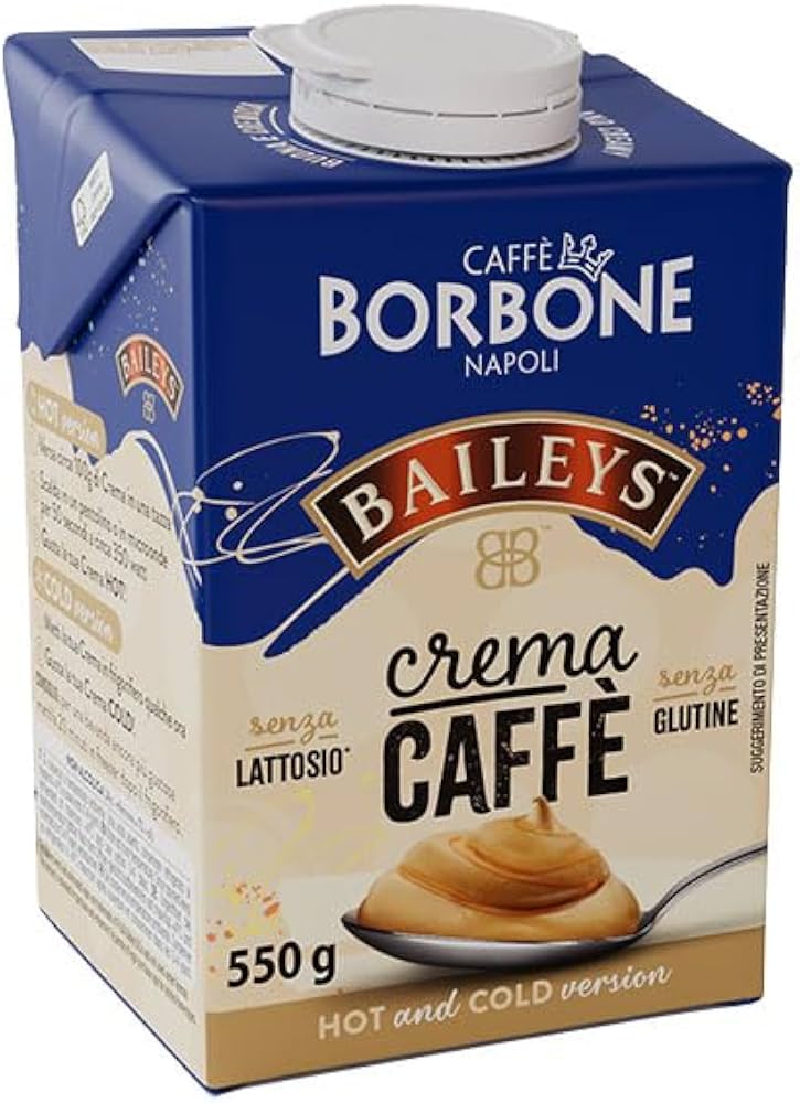 A 550g carton of Bailey's Caffe Borbone Napoli cream coffee, featuring its signature blue and beige packaging with a white cap.