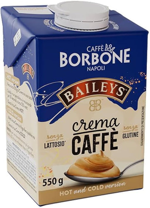 A 550g carton of Bailey's Caffe Borbone Napoli cream coffee, featuring its signature blue and beige packaging with a white cap.