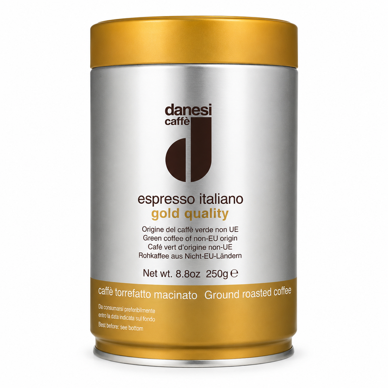 Danesi Caffè coffee can with gold lid and label on a white background