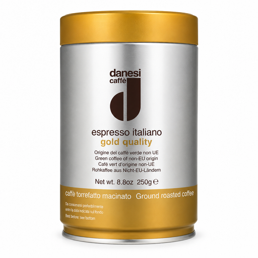 Danesi Caffè coffee can with gold lid and label on a white background
